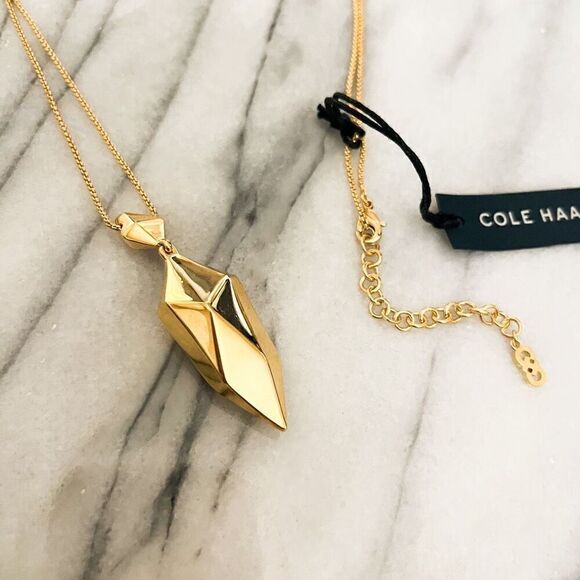 Cole Haan Geometric Gold Pendant Necklace - Long Chain NWT - Picture 1 of 7